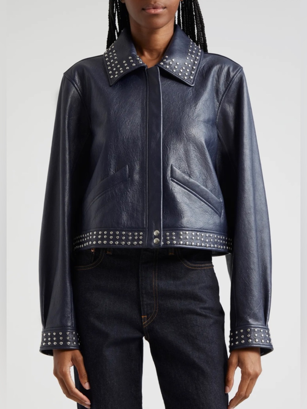 Cinq à Sept Kierstin Stud Detail Leather Navy Blue Jacket SZ XL NWT